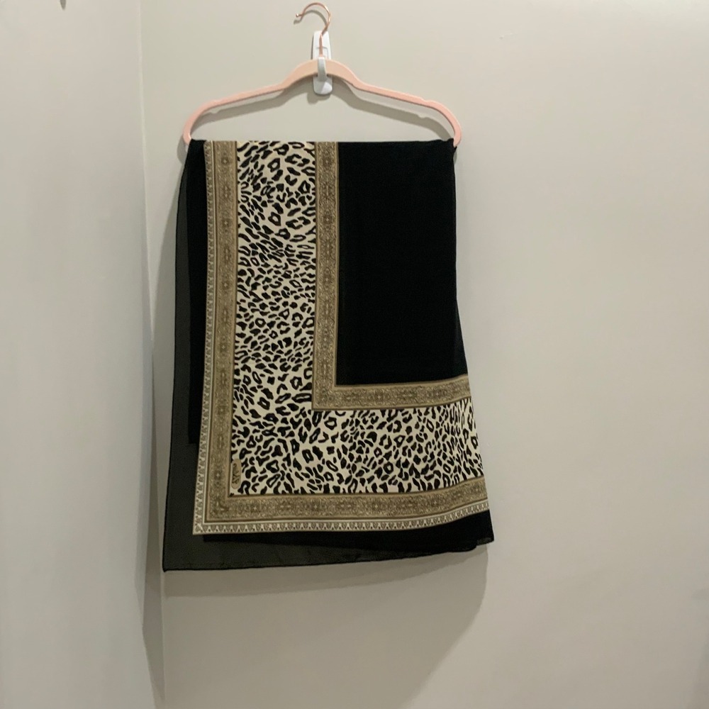 Vintage Animal Print Scarf Black Gold Leopard Baroque Border Large Rectangular